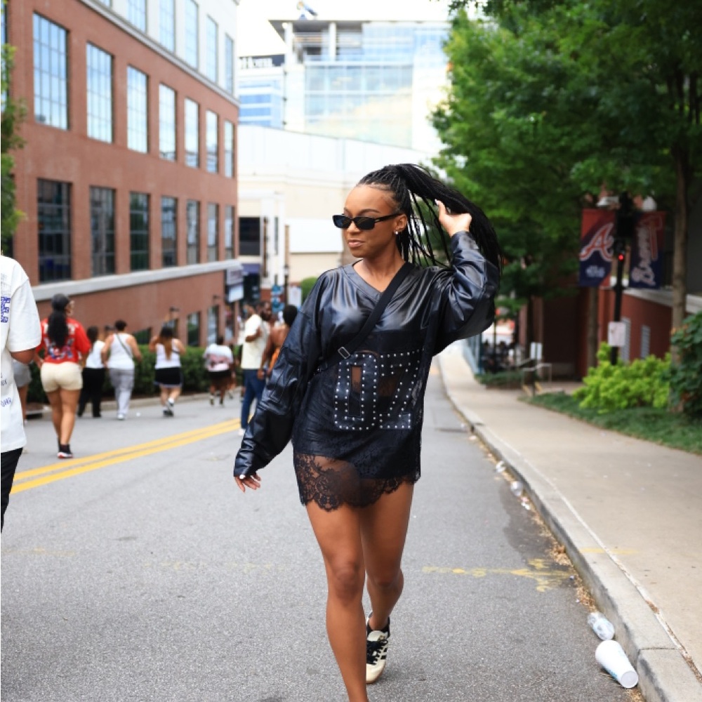 Fashion Nova Black Faux Leather Studded V-Neck Tunic Dress